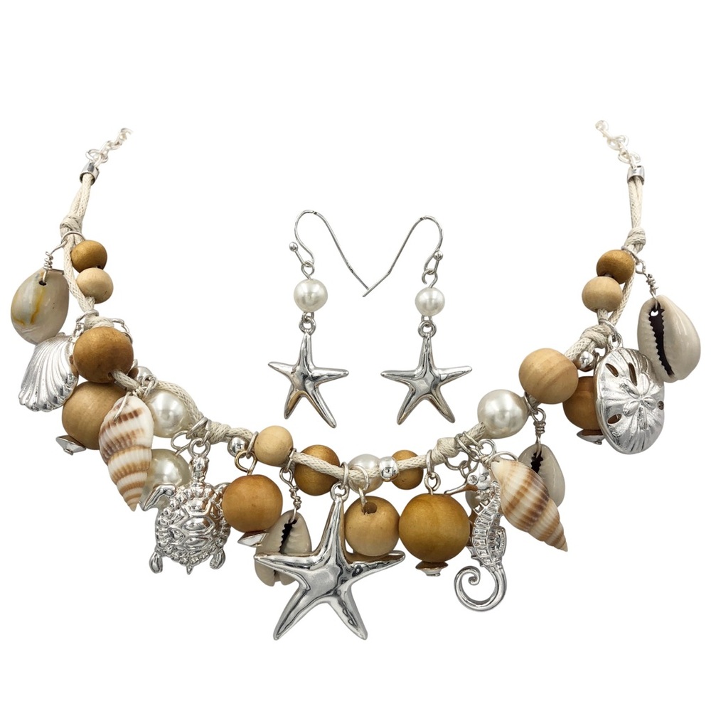 Mixed Sea-life Coastal Beach Wood Bead Charm Necklace Earrings Set